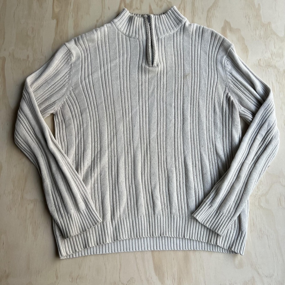 Michael Brandon Sweater Mens Large Beige 1/4 Zip Mock Neck Ribbed Knit Pullover